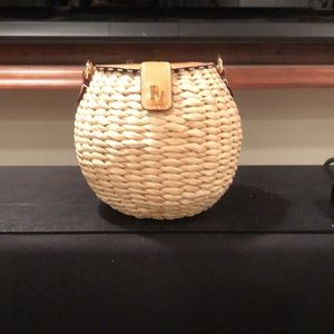 Francis Valentine rattan honey pot purse with leather top and gold chain strap